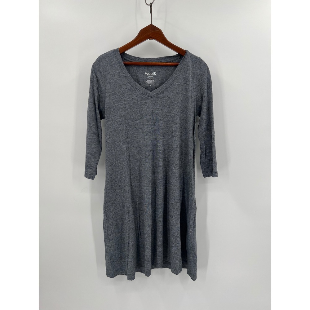 Wool& Willow Swing Dress Gray Merino Wool V-Neck 3/4 Sleeve Pockets Size M